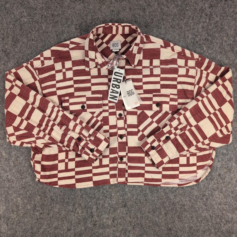 BDG Top Womens Small Red Caleb Cropped Flannel Shirt Geometric Button Up